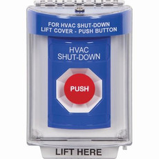 SS2444HV-ES STI Blue Indoor/Outdoor Flush w/ Horn Momentary Stopper Station with HVAC SHUT DOWN Label Spanish