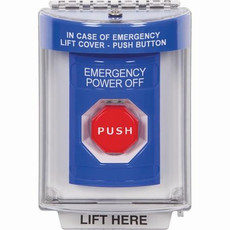 SS2445PO-ES STI Blue Indoor/Outdoor Flush w/ Horn Momentary (Illuminated) Stopper Station with EMERGENCY POWER OFF Label Spanish