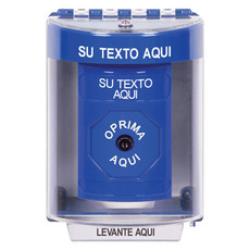 SS2470ZA-ES STI Blue Indoor/Outdoor Surface Key-to-Reset Stopper Station with Non-Returnable Custom Text Label Spanish