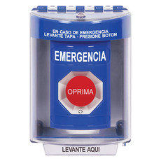 SS2471EM-ES STI Blue Indoor/Outdoor Surface Turn-to-Reset Stopper Station with EMERGENCY Label Spanish