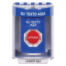 SS2471ZA-ES STI Blue Indoor/Outdoor Surface Turn-to-Reset Stopper Station with Non-Returnable Custom Text Label Spanish