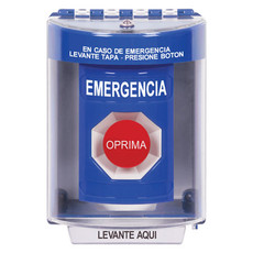 SS2474EM-ES STI Blue Indoor/Outdoor Surface Momentary Stopper Station with EMERGENCY Label Spanish