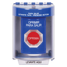 SS2474PX-ES STI Blue Indoor/Outdoor Surface Momentary Stopper Station with PUSH TO EXIT Label Spanish
