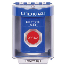 SS2474ZA-ES STI Blue Indoor/Outdoor Surface Momentary Stopper Station with Non-Returnable Custom Text Label Spanish