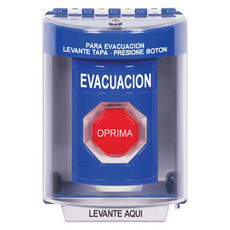 SS2475EV-ES STI Blue Indoor/Outdoor Surface Momentary (Illuminated) Stopper Station with EVACUATION Label Spanish