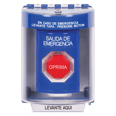 SS2478EX-ES STI Blue Indoor/Outdoor Surface Pneumatic (Illuminated) Stopper Station with EMERGENCY EXIT Label Spanish
