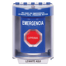 SS2479EM-ES STI Blue Indoor/Outdoor Surface Turn-to-Reset (Illuminated) Stopper Station with EMERGENCY Label Spanish