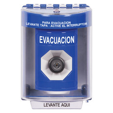 SS2483EV-ES STI Blue Indoor/Outdoor Surface w/ Horn Key-to-Activate Stopper Station with EVACUATION Label Spanish