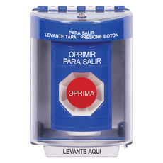 SS2484PX-ES STI Blue Indoor/Outdoor Surface w/ Horn Momentary Stopper Station with PUSH TO EXIT Label Spanish