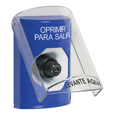 SS24A3PX-ES STI Blue Indoor Only Flush or Surface w/ Horn Key-to-Activate Stopper Station with PUSH TO EXIT Label Spanish