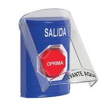 SS24A5XT-ES STI Blue Indoor Only Flush or Surface w/ Horn Momentary (Illuminated) Stopper Station with EXIT Label Spanish