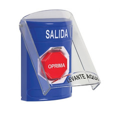 SS24A8XT-ES STI Blue Indoor Only Flush or Surface w/ Horn Pneumatic (Illuminated) Stopper Station with EXIT Label Spanish