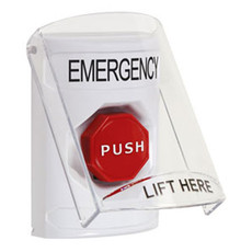 SS2328EM-EN STI White Indoor Only Flush or Surface Pneumatic (Illuminated) Stopper Station with EMERGENCY Label English