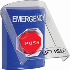 SS2428EM-EN STI Blue Indoor Only Flush or Surface Pneumatic (Illuminated) Stopper Station with EMERGENCY Label English