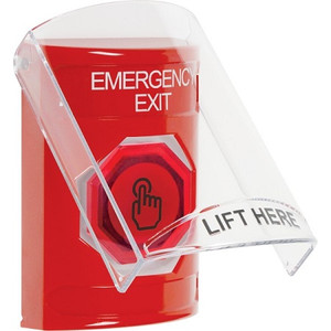 SS2027EX-EN STI Red Indoor Only Flush or Surface Weather Resistant Momentary (Illuminated) with Red Lens Stopper Station with EMERGENCY EXIT Label English