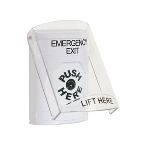 SS2320EX-EN STI White Indoor Only Flush or Surface Key-to-Reset Stopper Station with EMERGENCY EXIT Label English