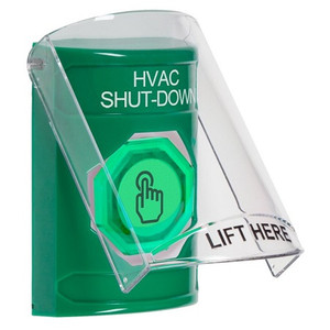 SS2127HV-EN STI Green Indoor Only Flush or Surface Weather Resistant Momentary (Illuminated) with Green Lens Stopper Station with HVAC SHUT DOWN Label English