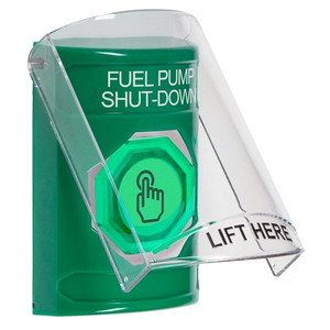 SS2127PS-EN STI Green Indoor Only Flush or Surface Weather Resistant Momentary (Illuminated) with Green Lens Stopper Station with FUEL PUMP SHUT DOWN Label English