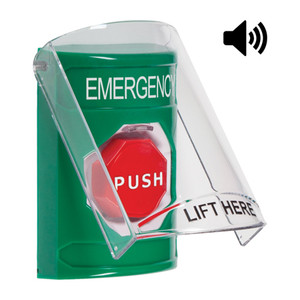 SS21A5EM-EN STI Green Indoor Only Flush or Surface w/ Horn Momentary (Illuminated) Stopper Station with EMERGENCY Label English