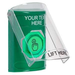 SS21A7ZA-EN STI Green Indoor Only Flush or Surface w/ Horn Weather Resistant Momentary (Illuminated) with Green Lens Stopper Station with Non-Returnable Custom Text Label English