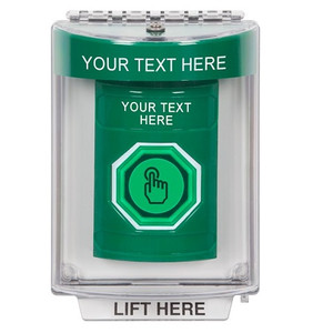 SS2147ZA-EN STI Green Indoor/Outdoor Flush w/ Horn Weather Resistant Momentary (Illuminated) with Green Lens Stopper Station with Non-Returnable Custom Text Label English