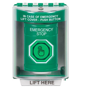 SS2177ES-EN STI Green Indoor/Outdoor Surface Weather Resistant Momentary (Illuminated) with Green Lens Stopper Station with EMERGENCY STOP Label English