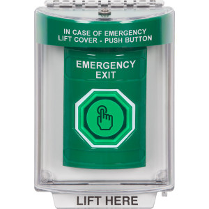 SS2146EX-EN STI Green Indoor/Outdoor Flush w/ Horn Momentary (Illuminated) with Green Lens Stopper Station with EMERGENCY EXIT Label English