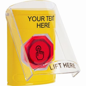 SS22A6ZA-EN STI Yellow Indoor Only Flush or Surface w/ Horn Momentary (Illuminated) with Red Lens Stopper Station with Non-Returnable Custom Text Label English