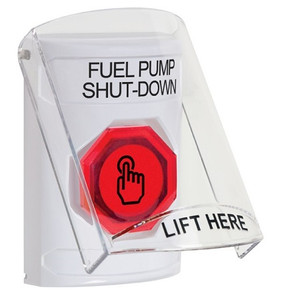 SS2327PS-EN STI White Indoor Only Flush or Surface Weather Resistant Momentary (Illuminated) with Red Lens Stopper Station with FUEL PUMP SHUT DOWN Label English