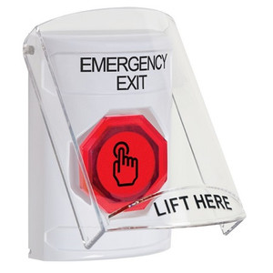 SS23A7EX-EN STI White Indoor Only Flush or Surface w/ Horn Weather Resistant Momentary (Illuminated) with Red Lens Stopper Station with EMERGENCY EXIT Label English