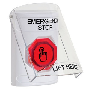 SS2326ES-EN STI White Indoor Only Flush or Surface Momentary (Illuminated) with Red Lens Stopper Station with EMERGENCY STOP Label English