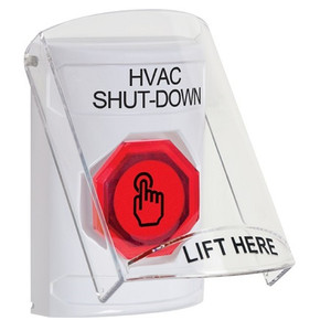 SS2326HV-EN STI White Indoor Only Flush or Surface Momentary (Illuminated) with Red Lens Stopper Station with HVAC SHUT DOWN Label English