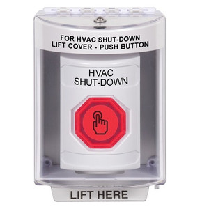 SS2376HV-EN STI White Indoor/Outdoor Surface Momentary (Illuminated) with Red Lens Stopper Station with HVAC SHUT DOWN Label English