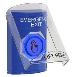 SS2427EX-EN STI Blue Indoor Only Flush or Surface Weather Resistant Momentary (Illuminated) with Blue Lens Stopper Station with EMERGENCY EXIT Label English