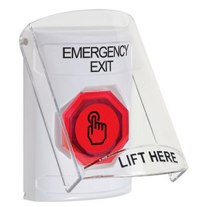 SS23A6EX-EN STI White Indoor Only Flush or Surface w/ Horn Momentary (Illuminated) with Red Lens Stopper Station with EMERGENCY EXIT Label English