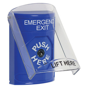 SS2420EX-EN STI Blue Indoor Only Flush or Surface Key-to-Reset Stopper Station with EMERGENCY EXIT Label English