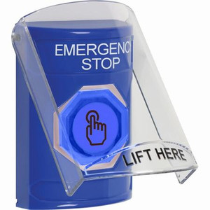 SS2426ES-EN STI Blue Indoor Only Flush or Surface Momentary (Illuminated) with Blue Lens Stopper Station with EMERGENCY STOP Label English