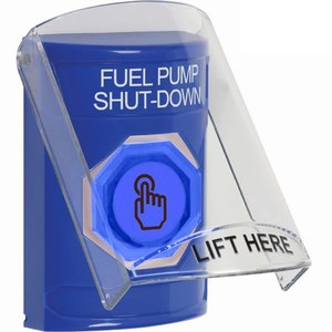 SS24A7PS-EN STI Blue Indoor Only Flush or Surface w/ Horn Weather Resistant Momentary (Illuminated) with Blue Lens Stopper Station with FUEL PUMP SHUT DOWN Label English