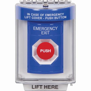SS2434EX-EN STI Blue Indoor/Outdoor Flush Momentary Stopper Station with EMERGENCY EXIT Label English
