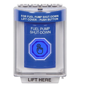 SS2446PS-EN STI Blue Indoor/Outdoor Flush w/ Horn Momentary (Illuminated) with Blue Lens Stopper Station with FUEL PUMP SHUT DOWN Label English