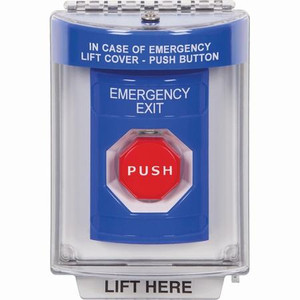 SS2445EX-EN STI Blue Indoor/Outdoor Flush w/ Horn Momentary (Illuminated) Stopper Station with EMERGENCY EXIT Label English