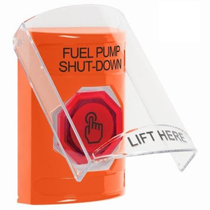 SS25A6PS-EN STI Orange Indoor Only Flush or Surface w/ Horn Momentary (Illuminated) with Orange Lens Stopper Station with FUEL PUMP SHUT DOWN Label English