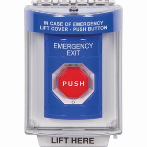 SS2449EX-EN STI Blue Indoor/Outdoor Flush w/ Horn Turn-to-Reset (Illuminated) Stopper Station with EMERGENCY EXIT Label English