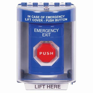 SS2475EX-EN STI Blue Indoor/Outdoor Surface Momentary (Illuminated) Stopper Station with EMERGENCY EXIT Label English