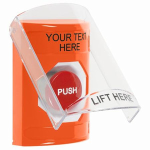 SS2524ZA-EN STI Orange Indoor Only Flush or Surface Momentary Stopper Station with Non-Returnable Custom Text Label English