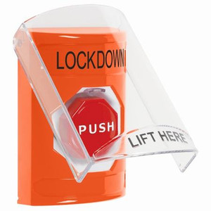SS2525LD-EN STI Orange Indoor Only Flush or Surface Momentary (Illuminated) Stopper Station with LOCKDOWN Label English
