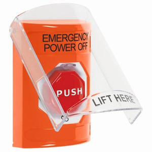 SS2529PO-EN STI Orange Indoor Only Flush or Surface Turn-to-Reset (Illuminated) Stopper Station with EMERGENCY POWER OFF Label English