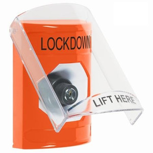 SS25A3LD-EN STI Orange Indoor Only Flush or Surface w/ Horn Key-to-Activate Stopper Station with LOCKDOWN Label English