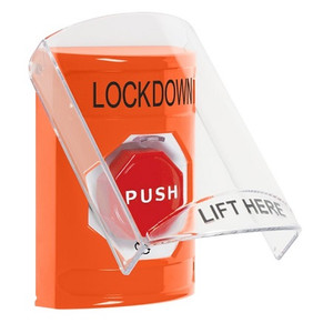 SS25A9LD-EN STI Orange Indoor Only Flush or Surface w/ Horn Turn-to-Reset (Illuminated) Stopper Station with LOCKDOWN Label English