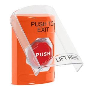 SS25A9PX-EN STI Orange Indoor Only Flush or Surface w/ Horn Turn-to-Reset (Illuminated) Stopper Station with PUSH TO EXIT Label English